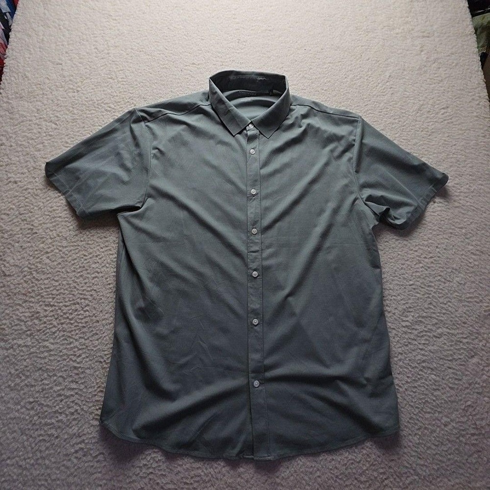 Kenneth Cole Shirt Mens 2XL Green Solid Short Sleeve Stretch Button-Up Casual
